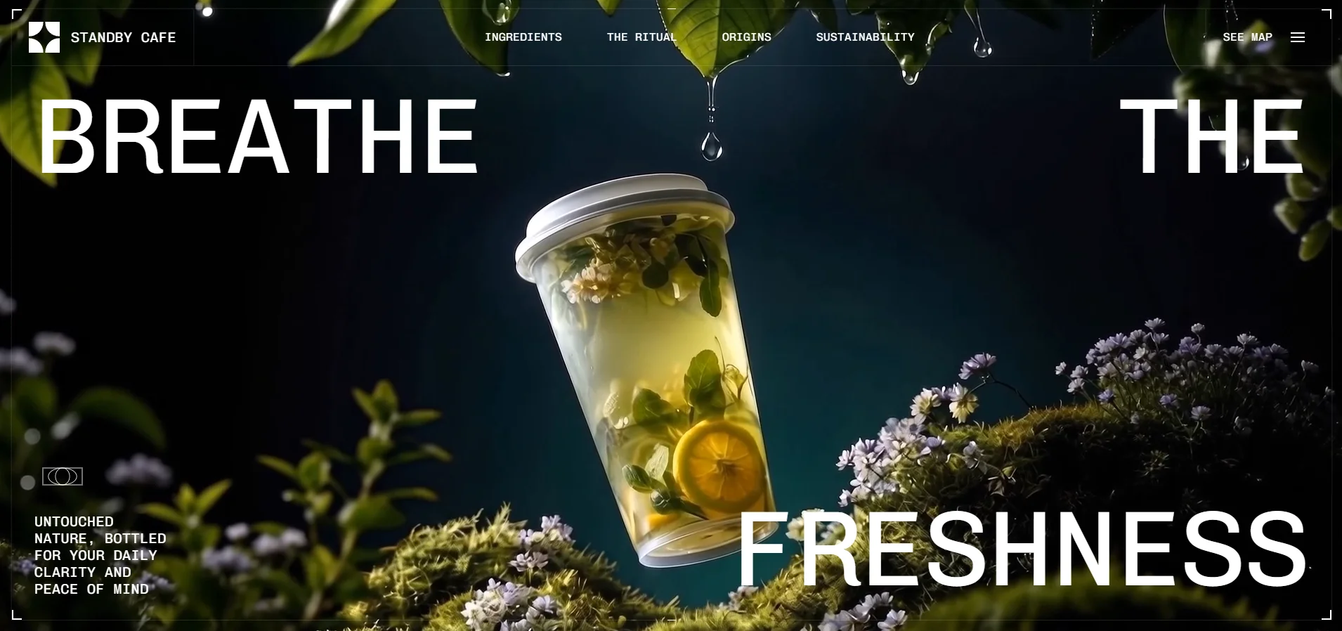 Mossary StandBy Cafe hero, with the Breathe freshness headline and thin connecting line paths
