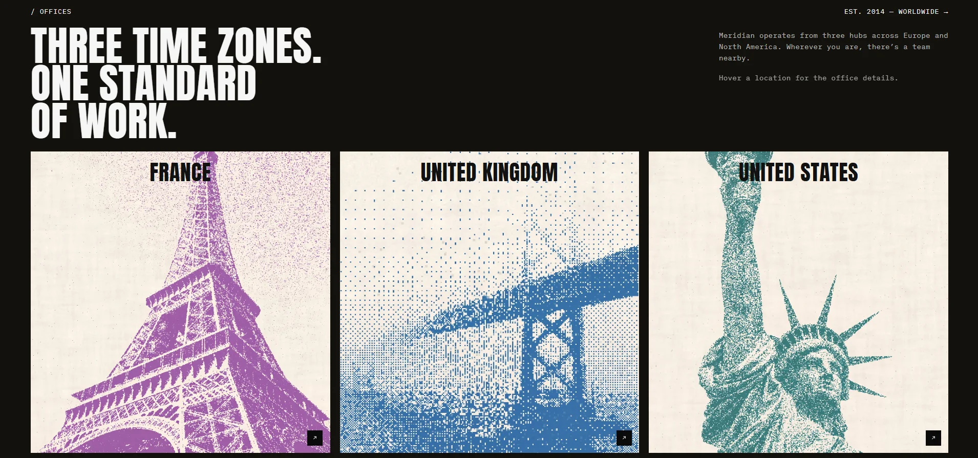 Meridian offices page, with the Three time zones headline and the regional office panels