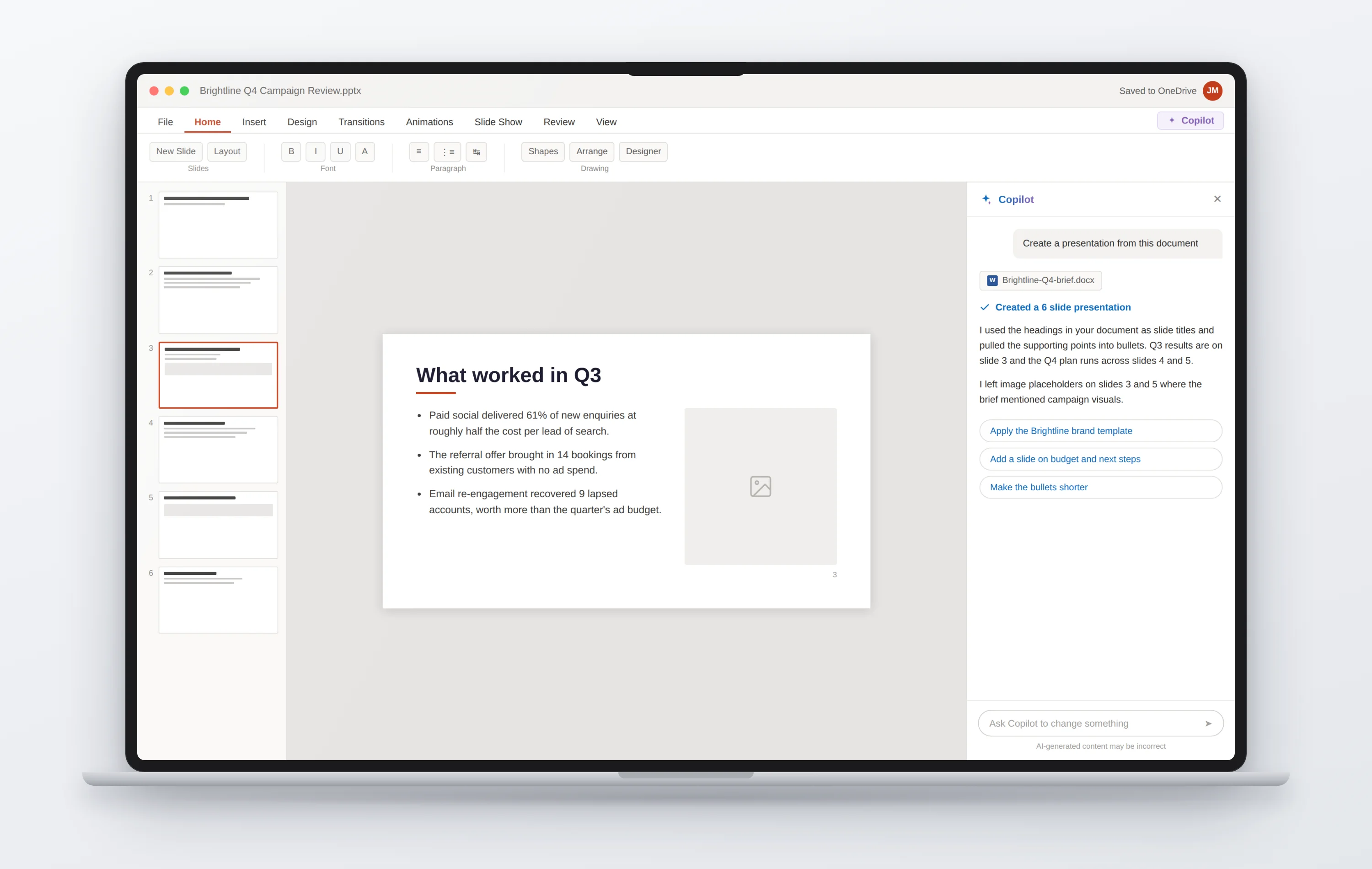 A laptop showing a presentation app with six generated slide thumbnails, an open slide, and a Copilot panel explaining what it built from a Word document.