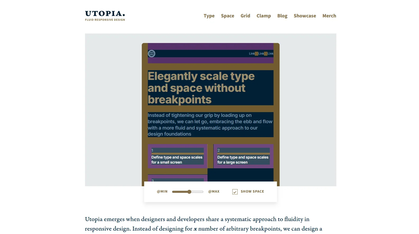 The Utopia fluid type calculator showing a generated type scale with the minimum and maximum viewport and font sizes set