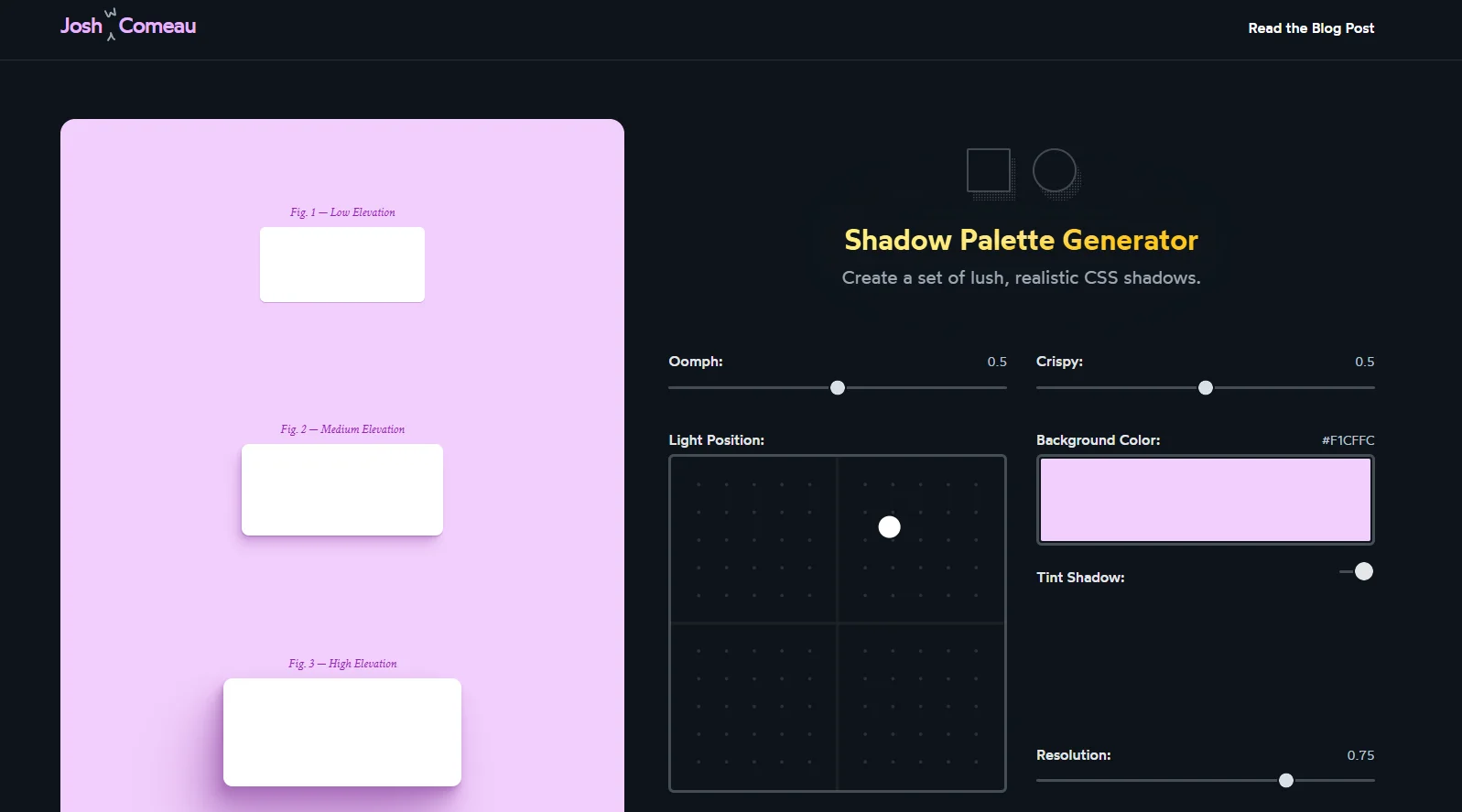 Josh Comeau's Shadow Palette Generator with the tint slider raised and three elevation previews showing a warm-tinted layered shadow instead of a flat black one