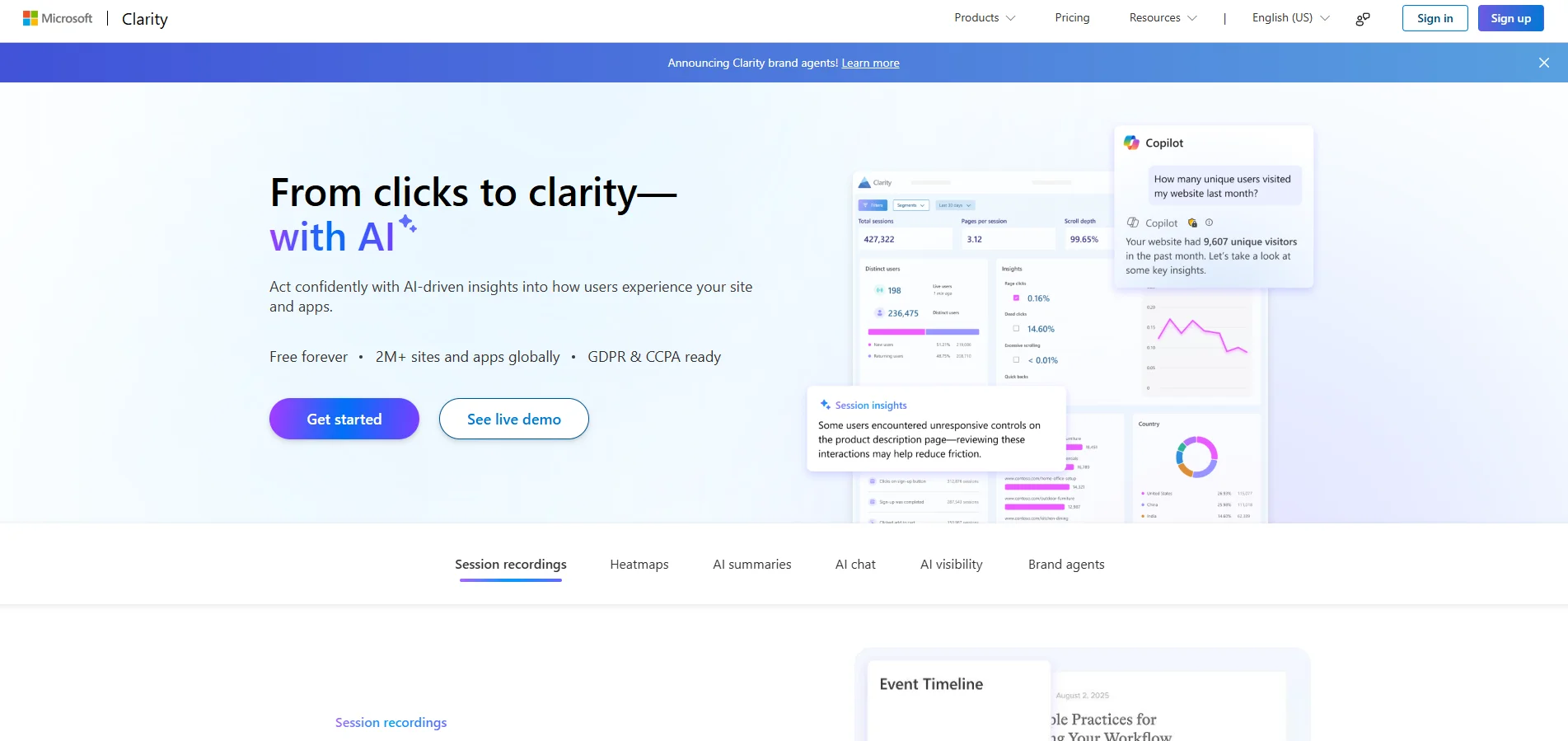 The Microsoft Clarity dashboard showing a heatmap alongside the AI Visibility report panel