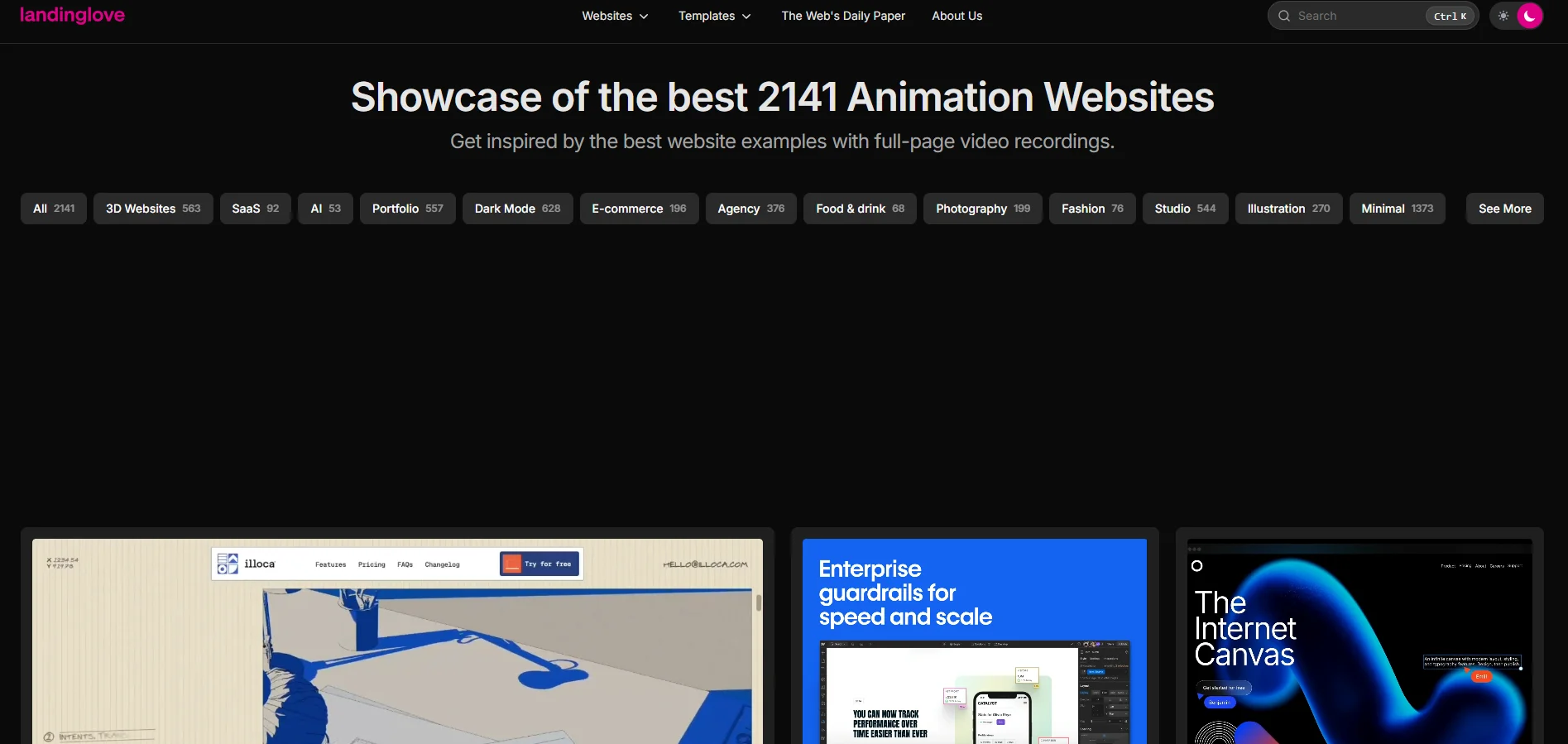 landing.love's video thumbnail grid with an animation library collection selected, showing looping video previews instead of static screenshots