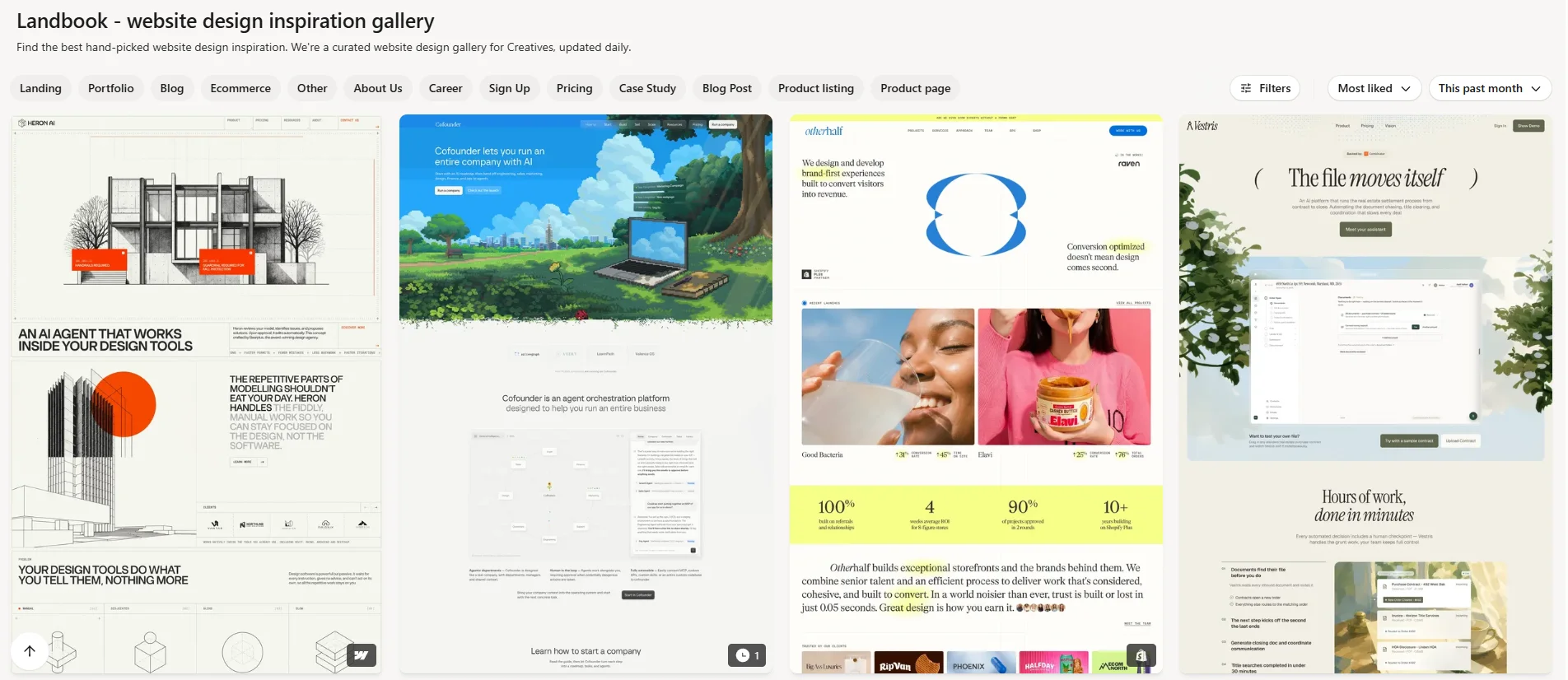 Land-book's Sections view filtered to pricing sections, showing a grid of individual pricing section thumbnails pulled from real websites rather than full page screenshots