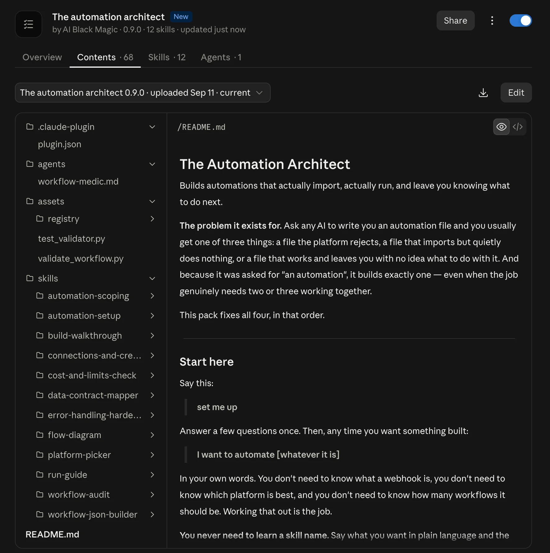 The Automation Architect plugin installed in Claude, listing its twelve skills and the workflow-medic agent