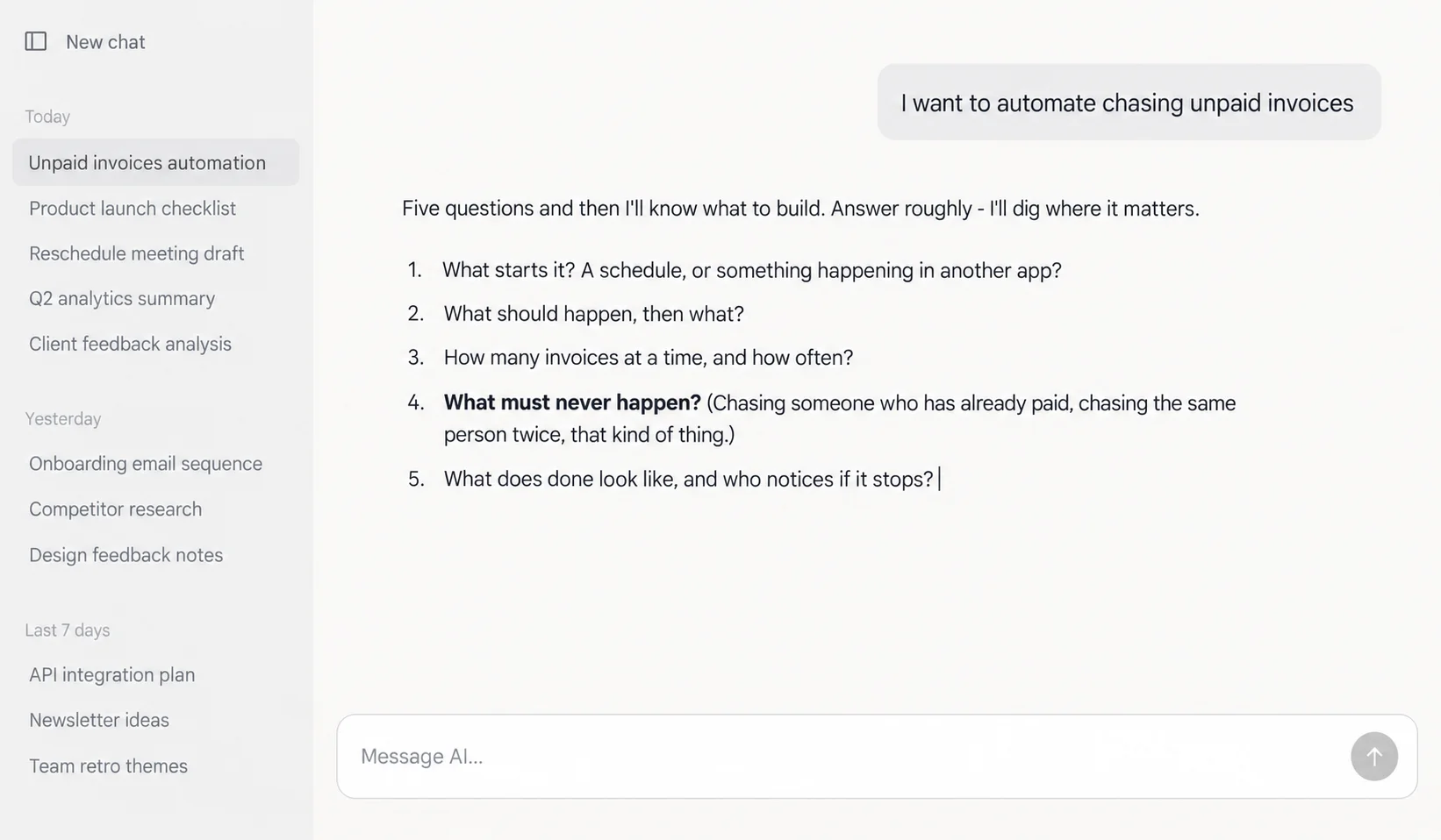 A conversation in Claude: a plain-language request to automate chasing unpaid invoices, answered with the plugin's five scoping questions