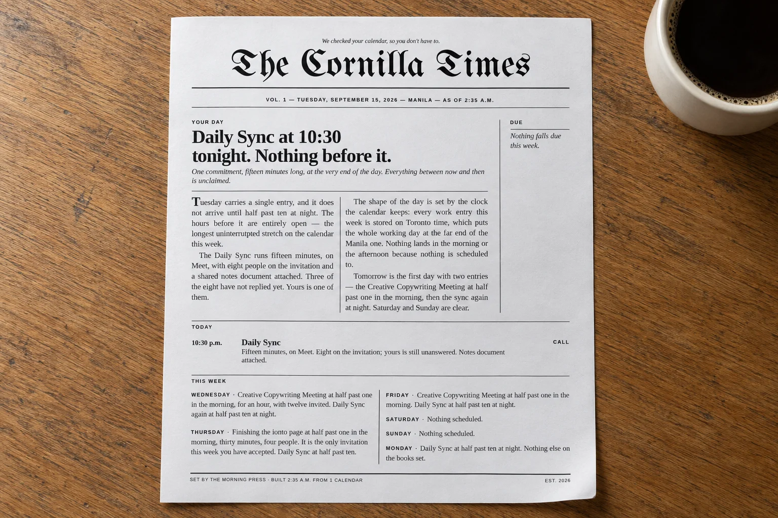 A finished edition of The Morning Press printed on paper, masthead at the top, resting on a desk.