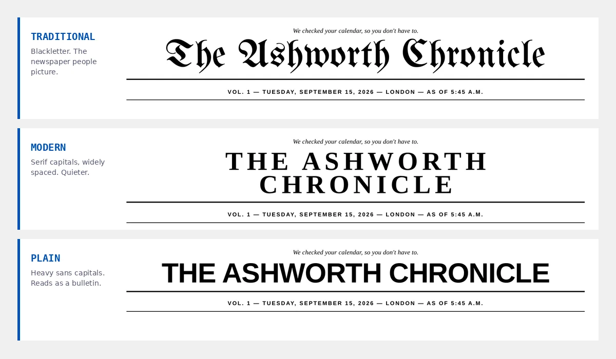 The same paper name set in three masthead styles: blackletter, serif capitals and plain sans capitals.
