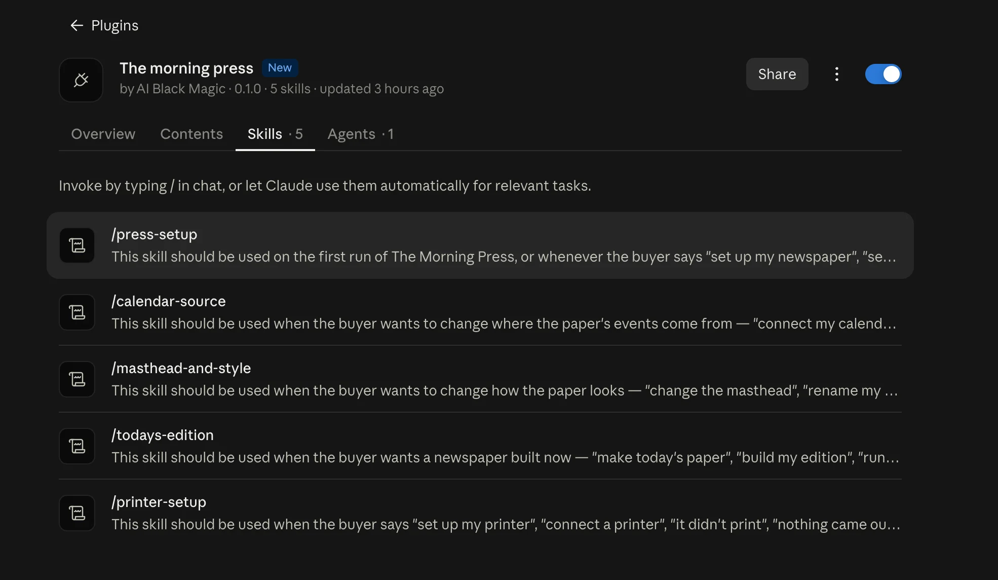 The Plugins page under Customize in Cowork, showing The Morning Press installed.