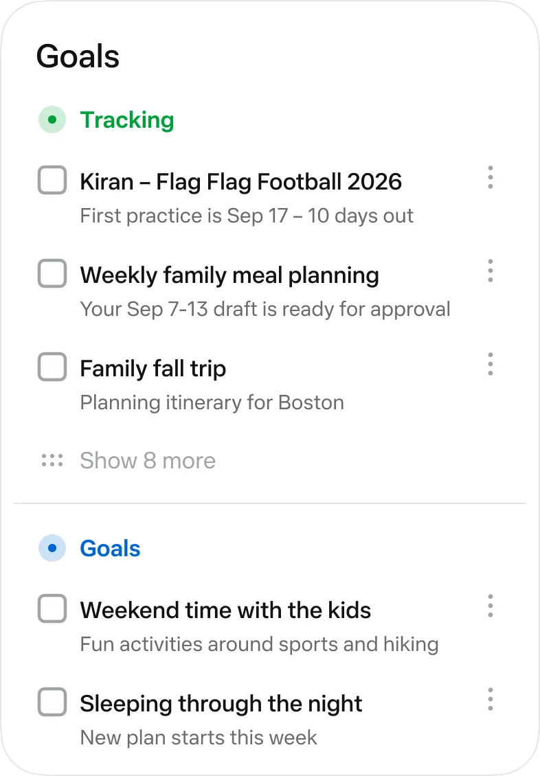 Muse app Goals screen listing tracked goals such as a flag football season, weekly family meal planning, and a family fall trip, each with a short status line underneath.