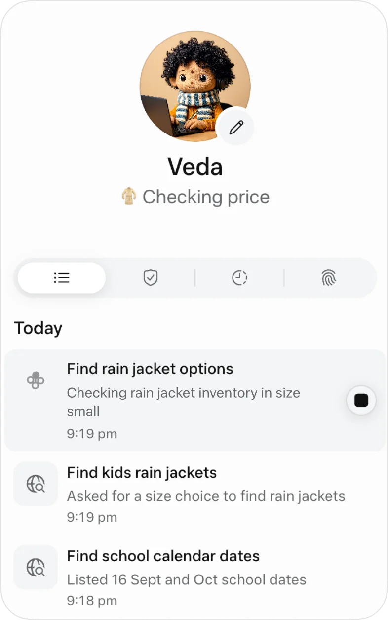 Muse status and activity view showing the agent currently checking a price, with the day's tasks listed underneath, including finding rain jacket options and school calendar dates, each with a time.