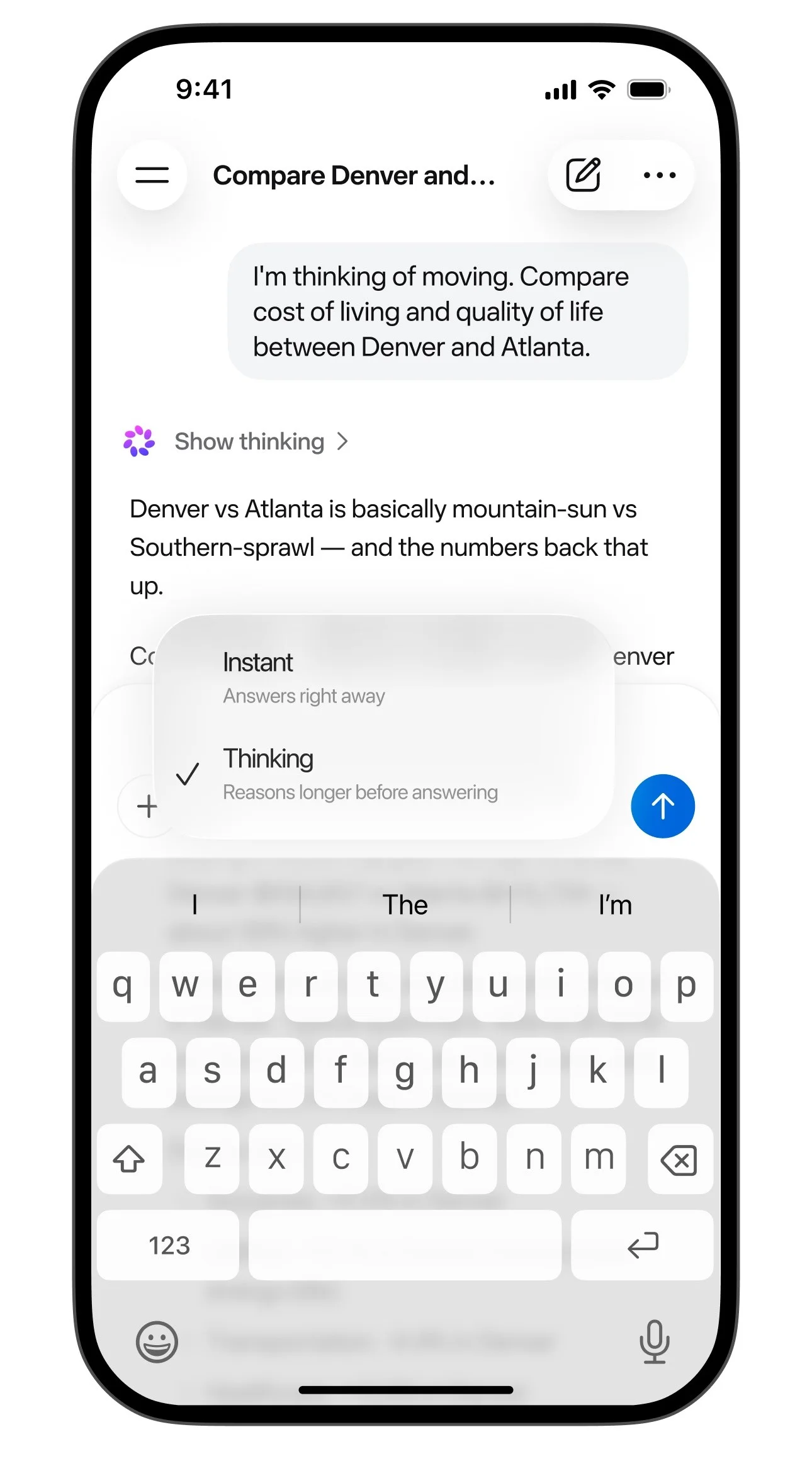 Meta AI app on a phone with the mode picker open over a chat, showing Instant, which answers right away, and Thinking, which reasons longer before answering.