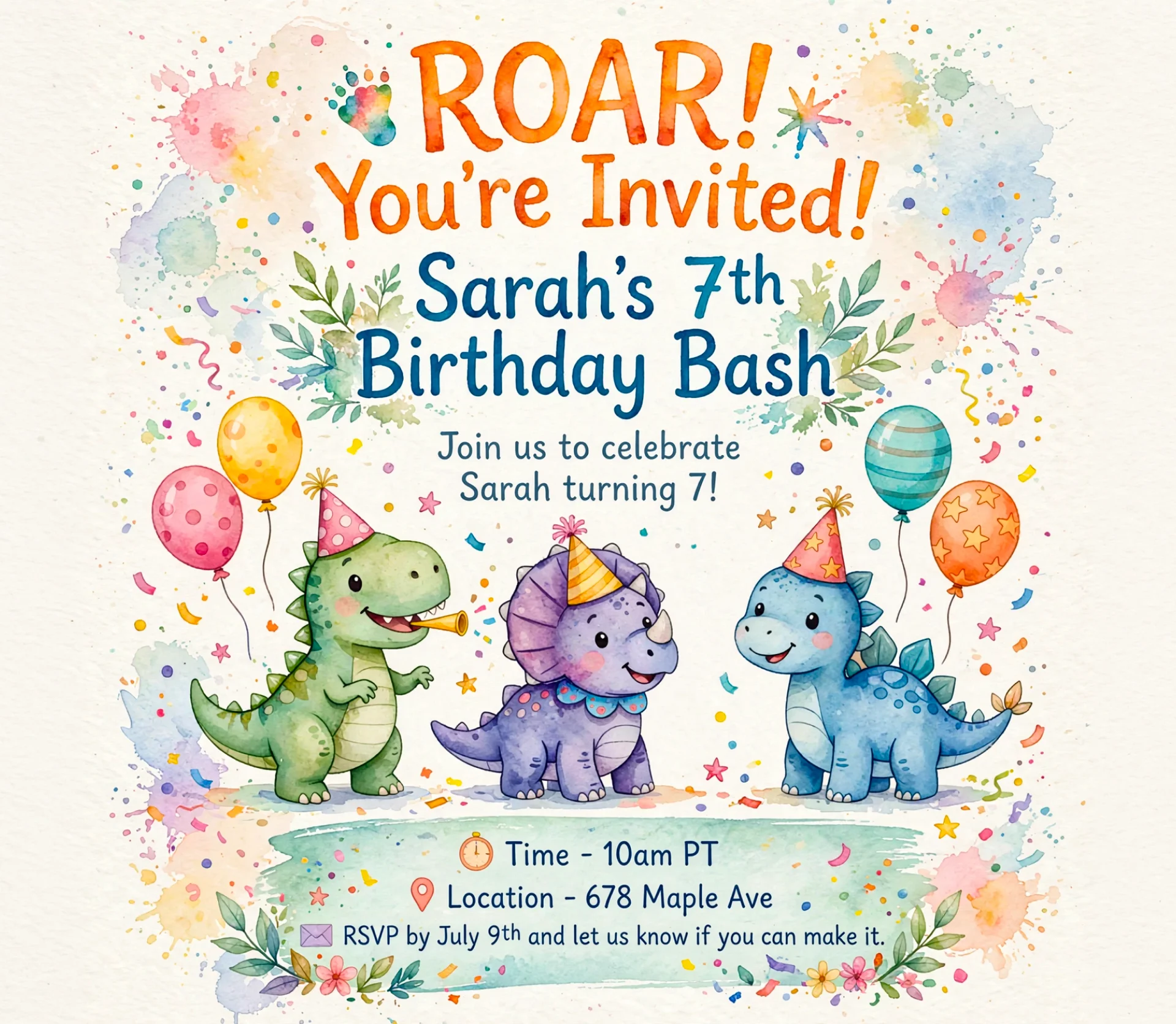 A children's birthday invitation created with Muse Image, with clearly readable lettering that says ROAR! You're Invited! and Sarah's 7th Birthday Bash, illustrated with cartoon dinosaurs, balloons, and party details at the bottom.