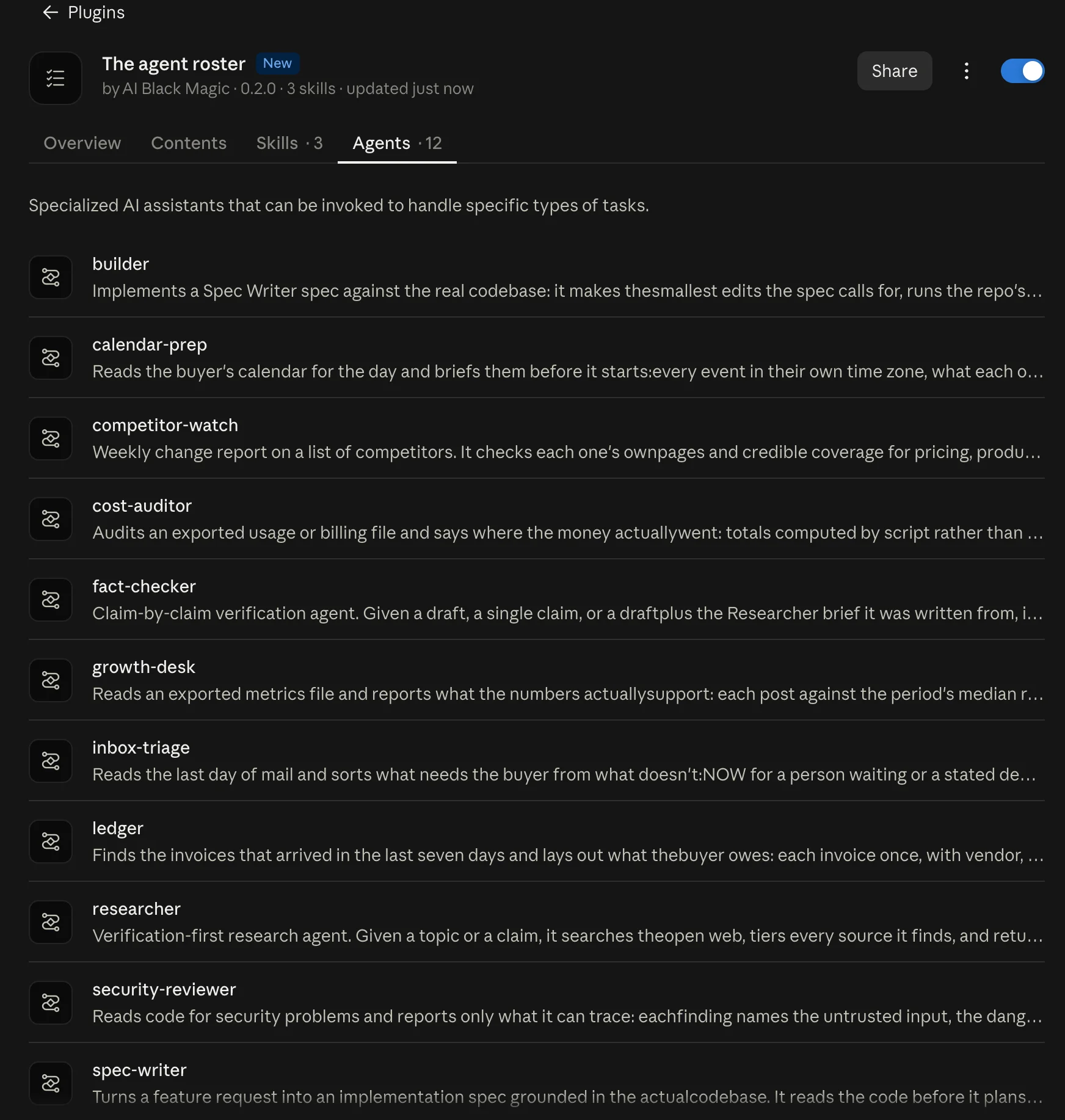 The Agent Roster plugin open in the Claude desktop app at version 0.2.0, with the Agents tab selected, listing all twelve subagents and their descriptions.