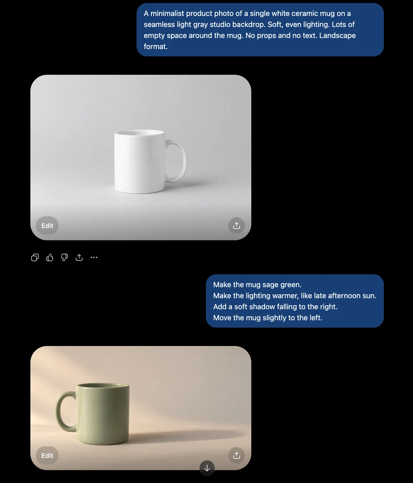 A ChatGPT conversation showing a white ceramic mug on a plain gray studio backdrop, then a follow-up asking to make the mug sage green, warm the lighting, add a soft shadow, and move it left, with the edited result: the same mug, now sage green, in warm late-afternoon light.