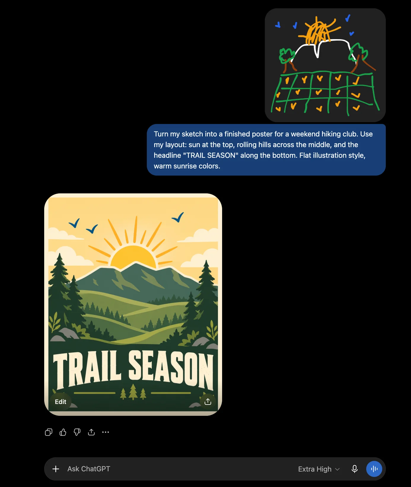 ChatGPT's Sketch tool in use: a rough hand drawing of a sun, a hill, trees, and birds, sent with a prompt for a hiking club poster, and the finished flat illustration of a sunrise over green hills with the headline TRAIL SEASON.