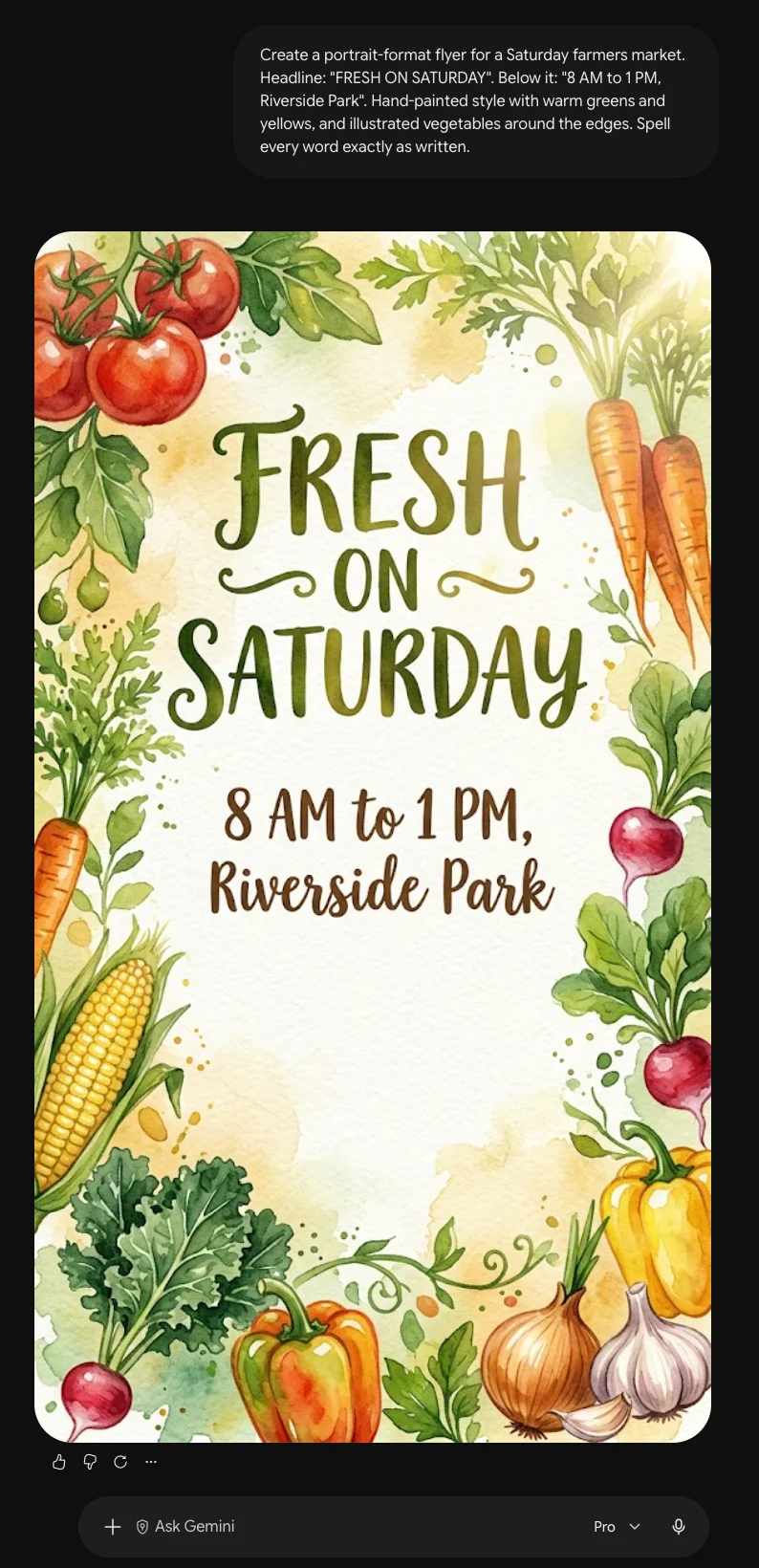 A Gemini conversation showing the same farmers market prompt, and a tall watercolor flyer reading FRESH ON SATURDAY, 8 AM to 1 PM, Riverside Park, surrounded by painted tomatoes, carrots, corn, peppers, and garlic.