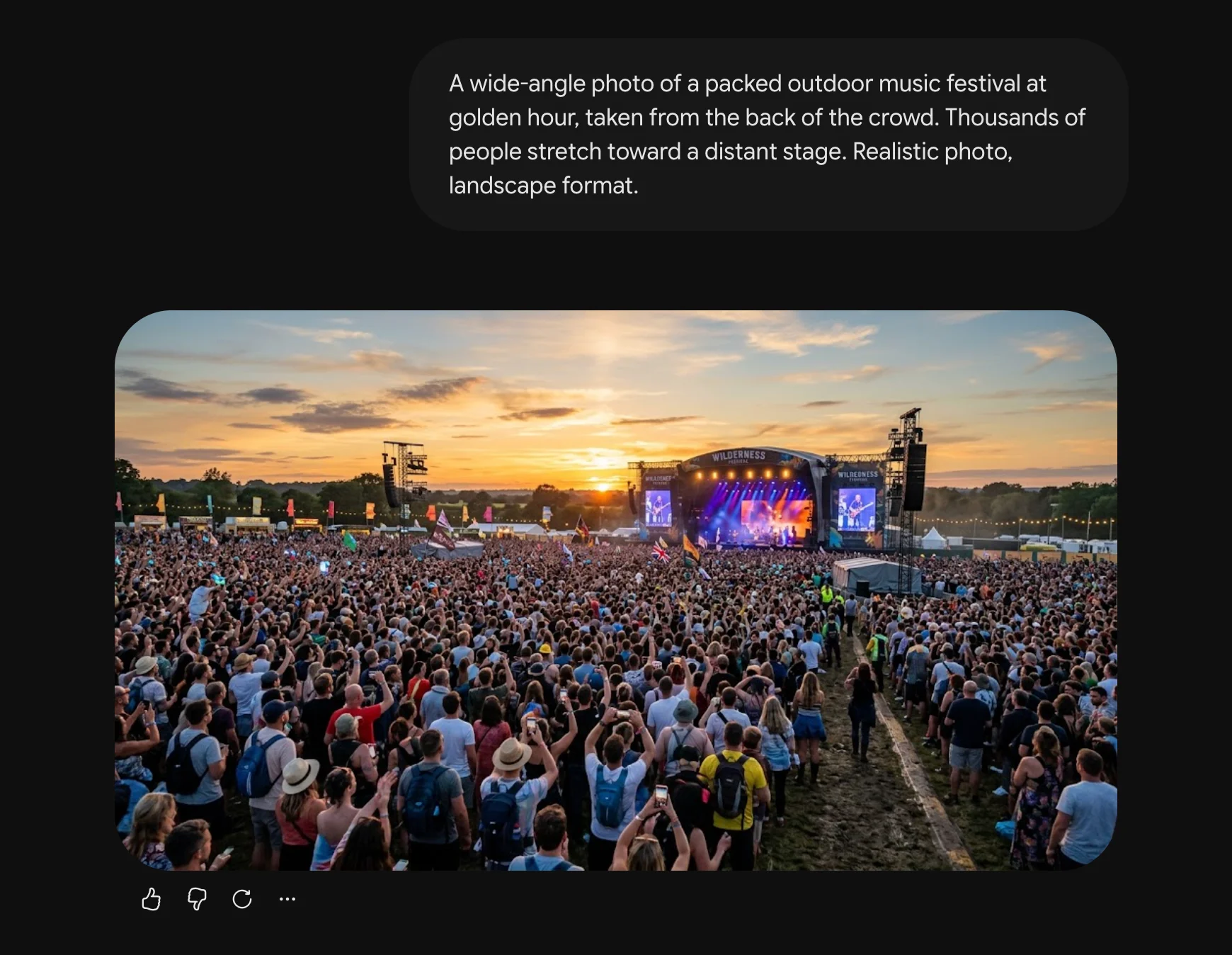 A Gemini conversation showing the music festival prompt, and the result: a wide golden-hour photo of a packed crowd stretching toward a distant lit stage.