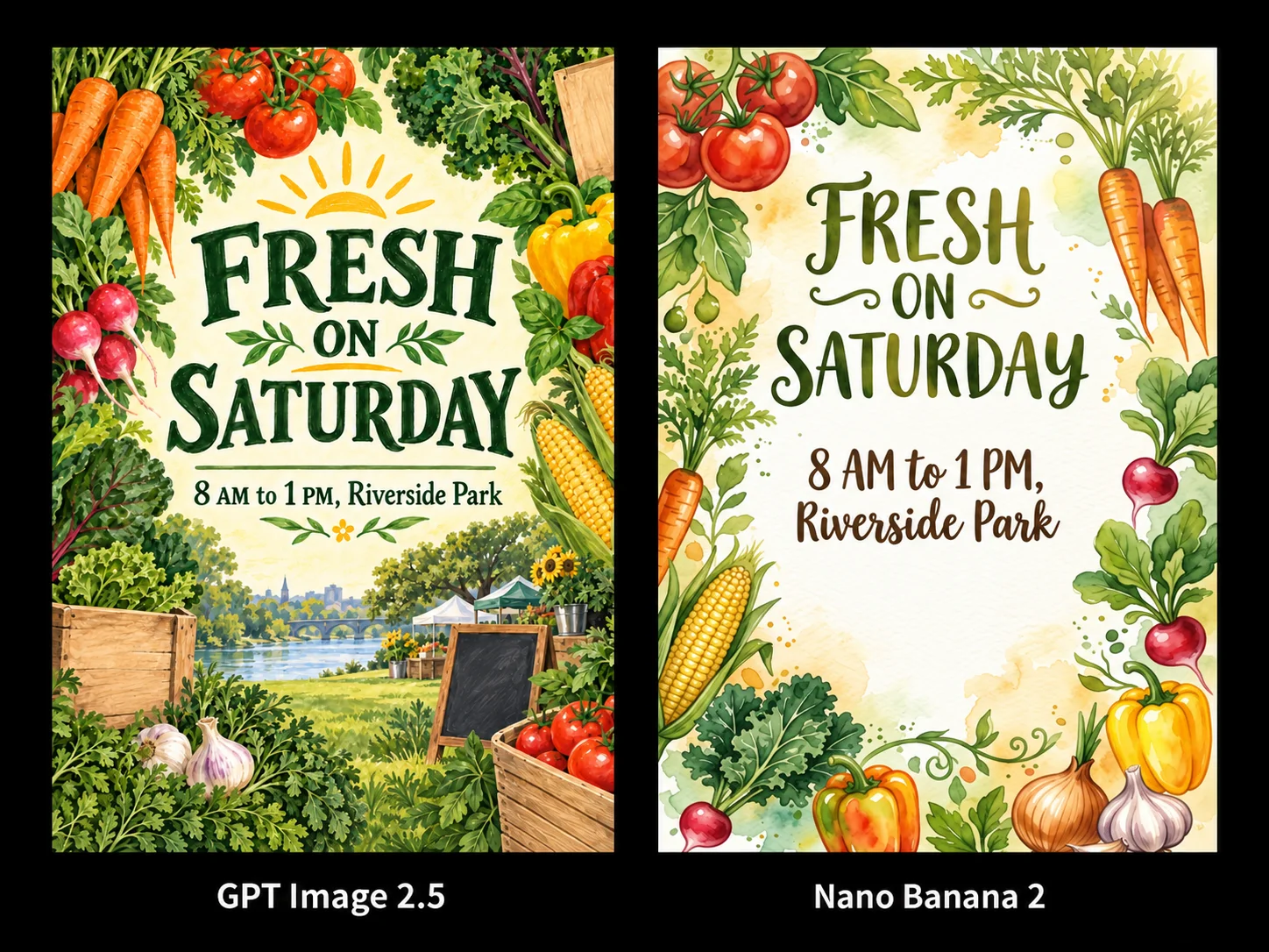 The same farmers market flyer prompt in both tools, side by side: GPT Image 2.5's dense, detailed market scene on the left and Nano Banana 2's lighter watercolor design on the right. Both spelled every word correctly.