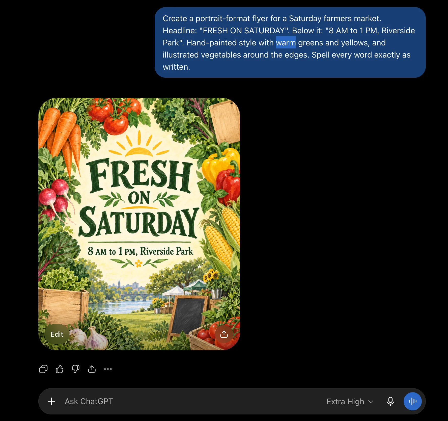 A ChatGPT conversation showing the farmers market flyer prompt, and below it the finished flyer reading FRESH ON SATURDAY, 8 AM to 1 PM, Riverside Park, framed by illustrated vegetables with a riverside market scene.